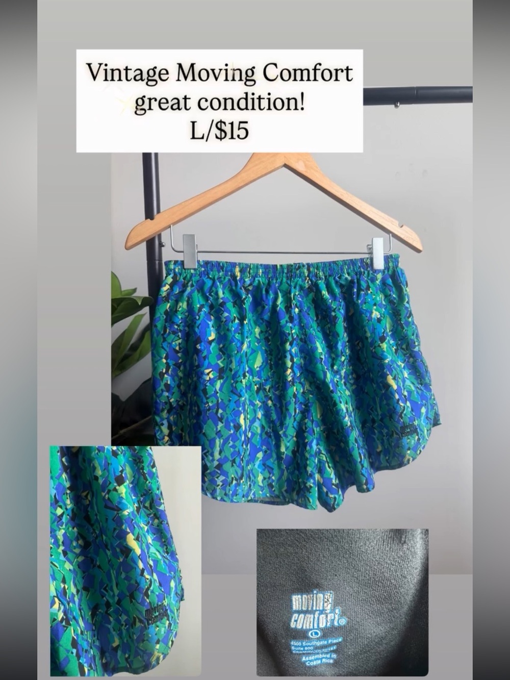 Moving Comfort Blue and Green Mosaic Athletic Running Shorts
